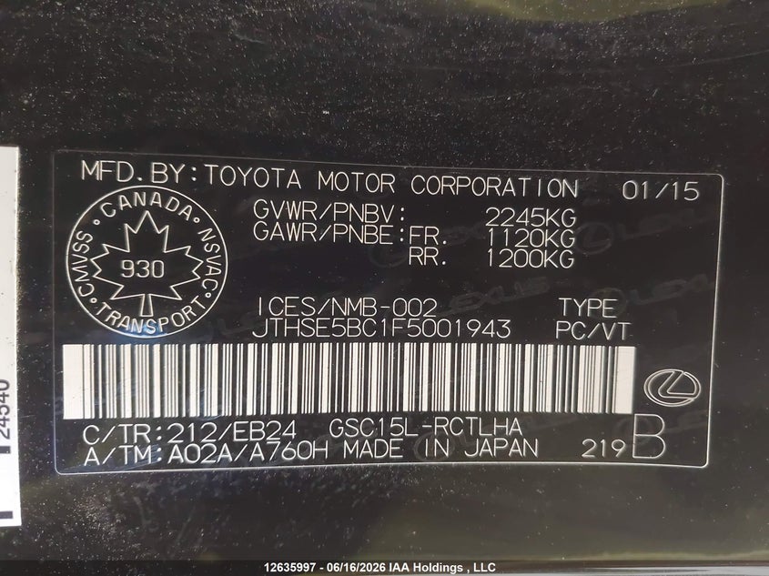 2015 Lexus Rc 350 VIN: JTHSE5BC1F5001943 Lot: 12635997