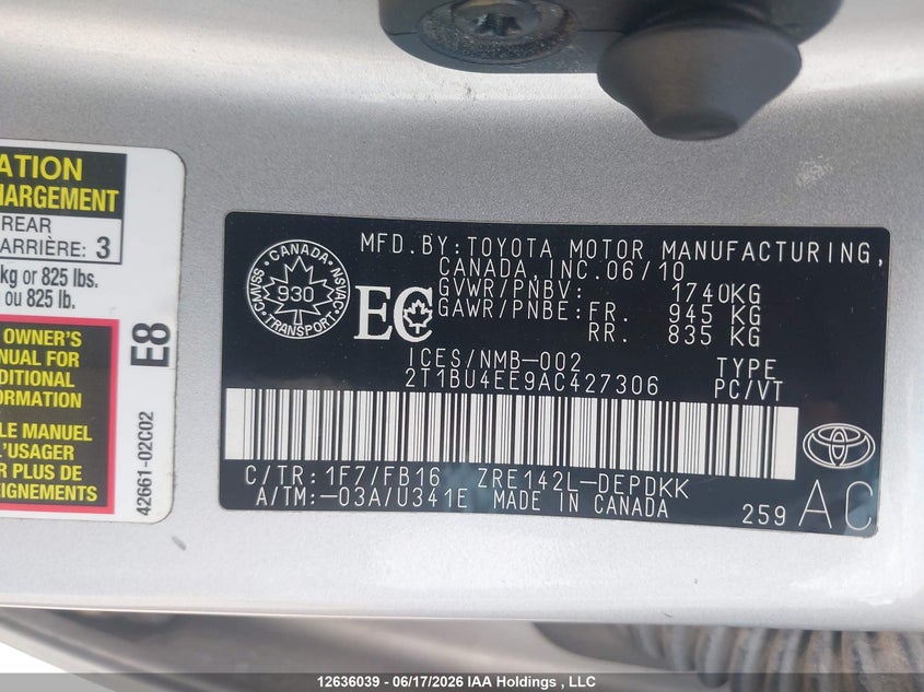 2010 TOYOTA COROLLA SEDAN 1.8L I-4 DOHC, VVT, 132HP