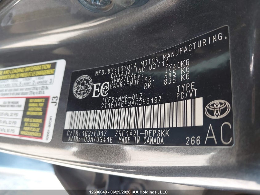 2010 Toyota Corolla S VIN: 2T1BU4EE9AC366197 Lot: 12636049