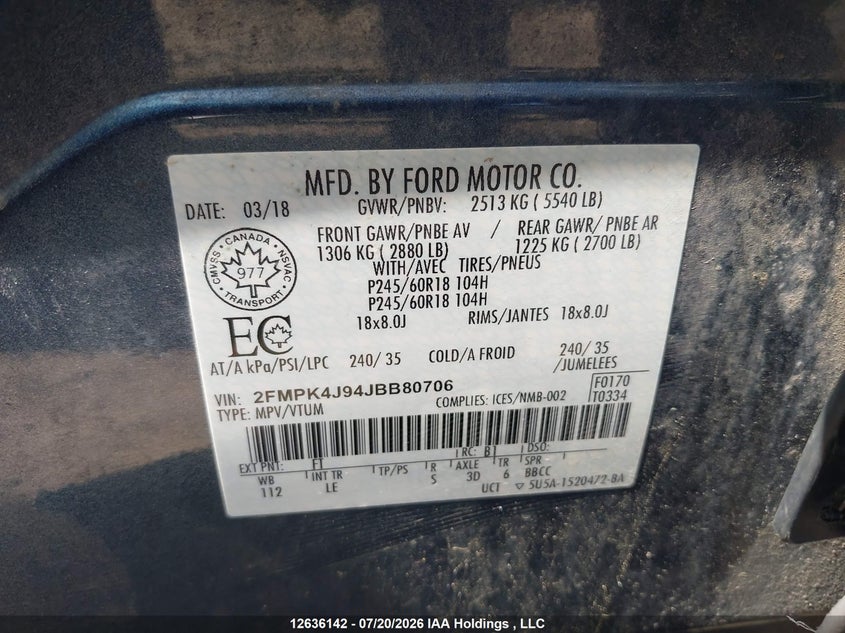 2018 Ford Edge Sel VIN: 2FMPK4J94JBB80706 Lot: 12636142