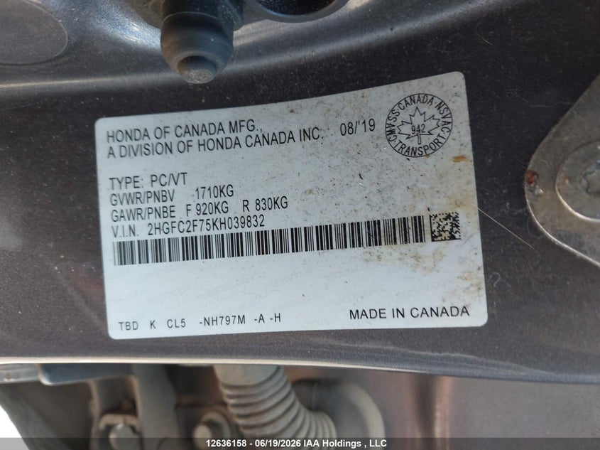 2019 HONDA CIVIC SEDAN 2.0L I4 FI DOHC 16V NF4