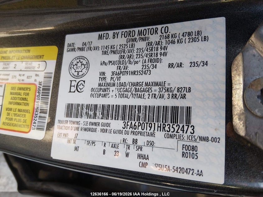 2017 Ford Fusion Se VIN: 3FA6P0T91HR352473 Lot: 12636166