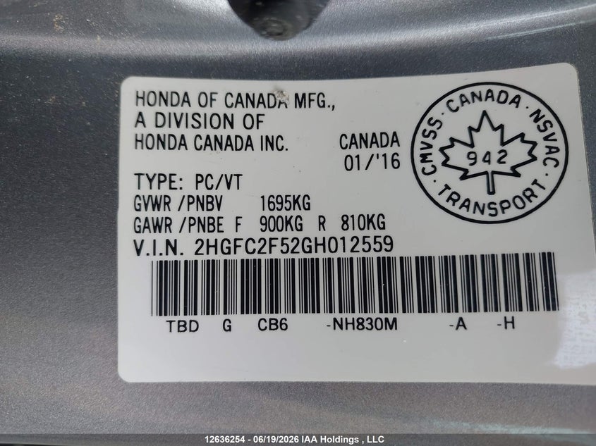 2016 Honda Civic Lx VIN: 2HGFC2F52GH012559 Lot: 12636254