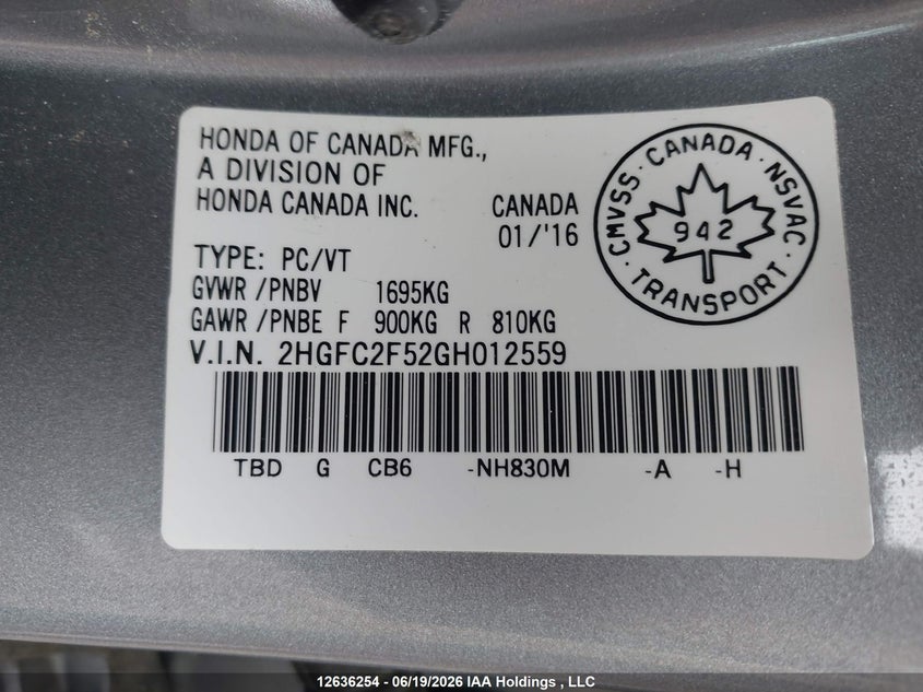 2016 Honda Civic Lx VIN: 2HGFC2F52GH012559 Lot: 12636254