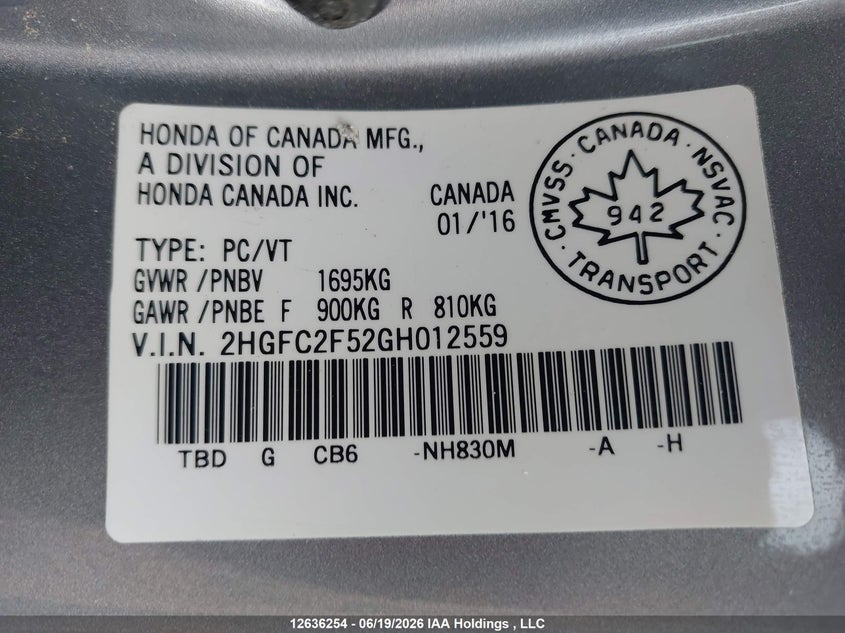 2016 Honda Civic Lx VIN: 2HGFC2F52GH012559 Lot: 12636254