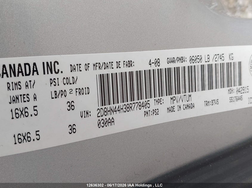 2008 DODGE CARAVAN VAN 3.3L V-6 175HP