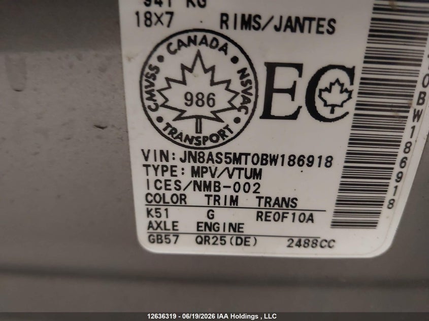 2011 Nissan Rogue Sv VIN: JN8AS5MT0BW186918 Lot: 12636319