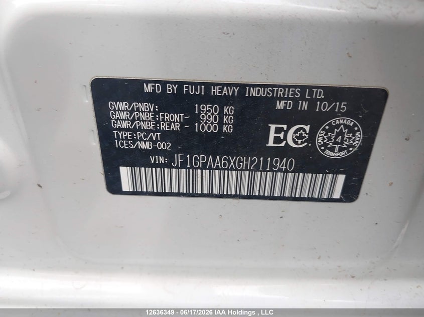 2016 SUBARU IMPREZA WAGON 2.0L H-4 DOHC, VVT, 148HP