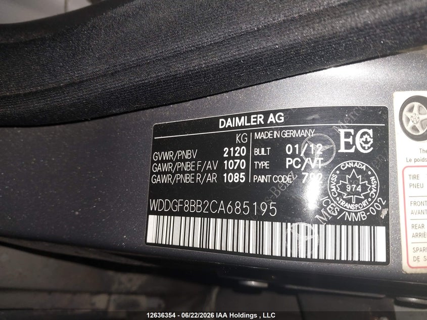2012 Mercedes-Benz C-Class VIN: WDDGF8BB2CA685195 Lot: 12636354