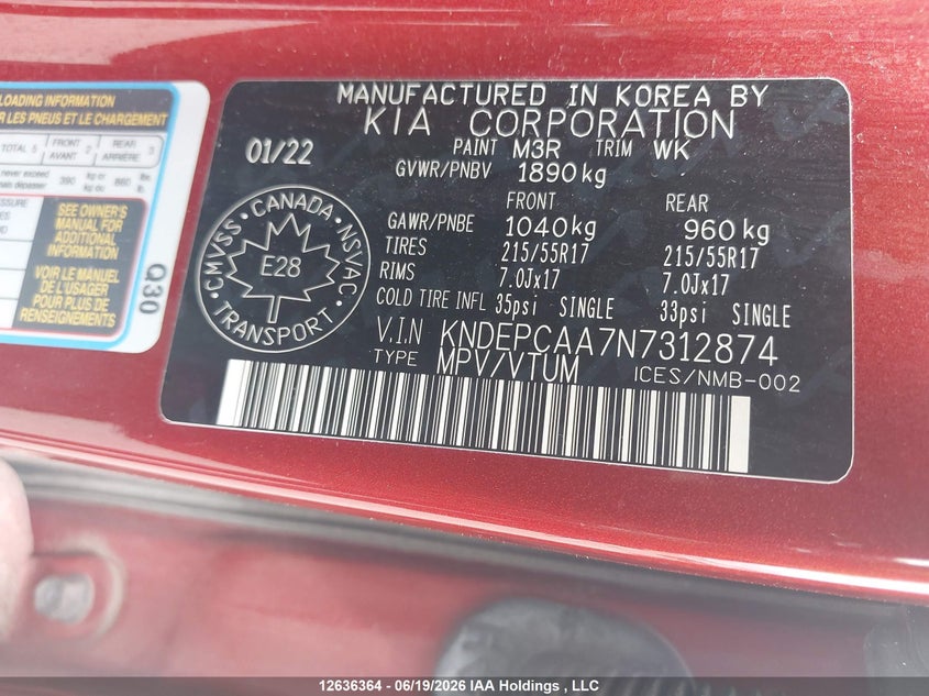 2022 Kia Seltos Lx VIN: KNDEPCAA7N7312874 Lot: 12636364
