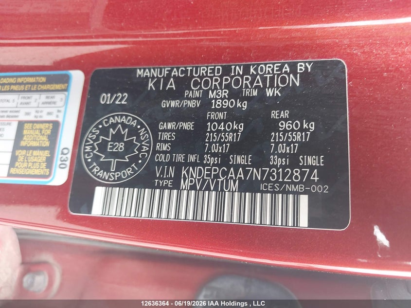 2022 Kia Seltos Lx VIN: KNDEPCAA7N7312874 Lot: 12636364