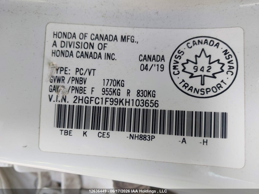 2019 HONDA CIVIC SEDAN 1.5L I4 FI DOHC 16V NF4
