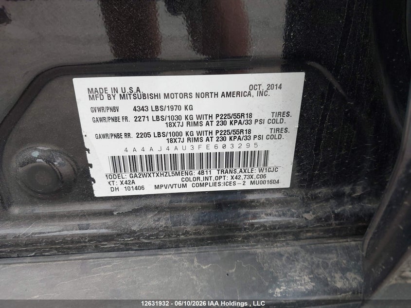 2015 Mitsubishi Rvr Gt/Se VIN: 4A4AJ4AU3FE603295 Lot: 12631932x