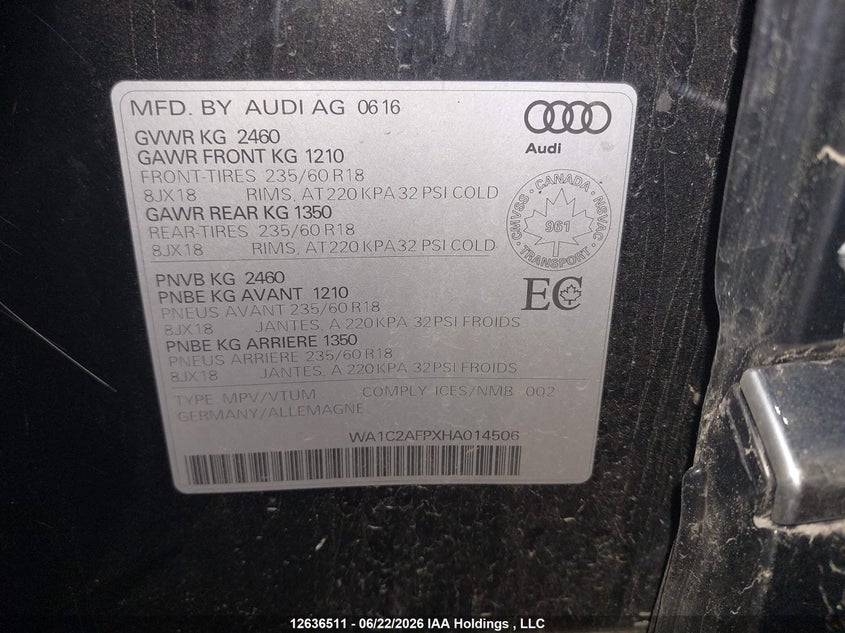 2017 AUDI Q5 SPORT UTILITY VEHICLE 2.0L I-4 DI, DOHC, VVT, TURBO, 220HP