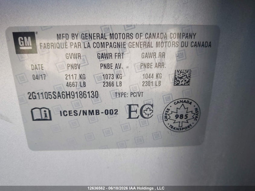 2017 CHEVROLET IMPALA SEDAN 2.5L I-4 DI, DOHC, VVT, 197HP