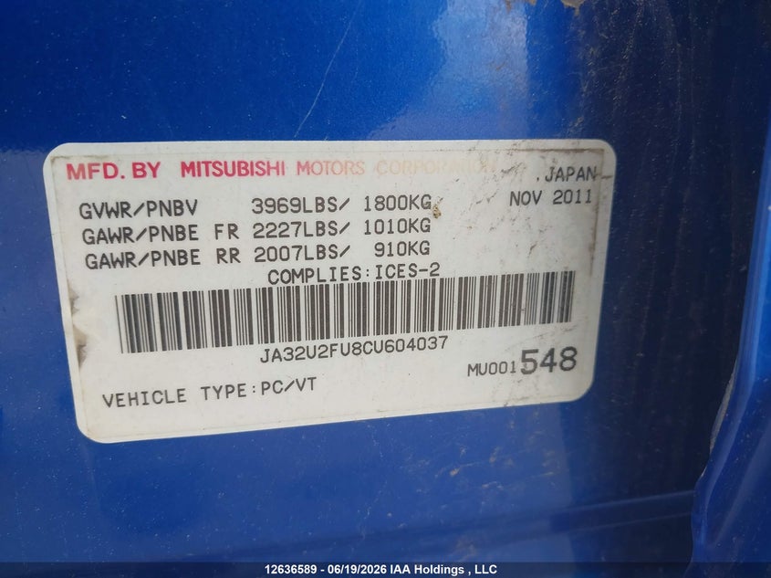 2012 MITSUBISHI LANCER SEDAN 2.0L I-4 DOHC, VVT, 148HP