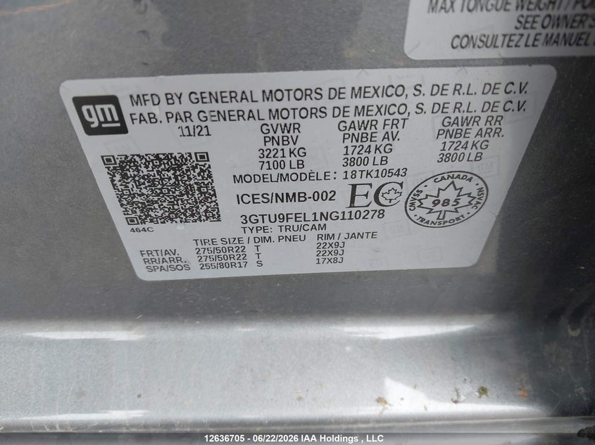 2022 GMC Sierra 1500 Limited Denali VIN: 3GTU9FEL1NG110278 Lot: 12636705