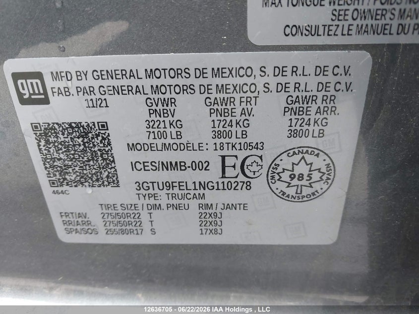 2022 GMC Sierra 1500 Limited Denali VIN: 3GTU9FEL1NG110278 Lot: 12636705