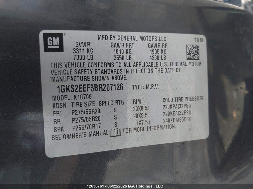 2011 GMC Yukon Denali Denali VIN: 1GKS2EEF3BR207126 Lot: 12636761