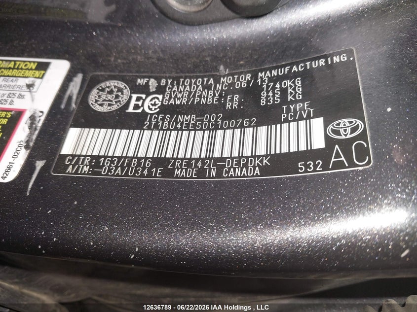 2013 TOYOTA COROLLA SEDAN 1.8L I-4 DOHC, VVT, 132HP