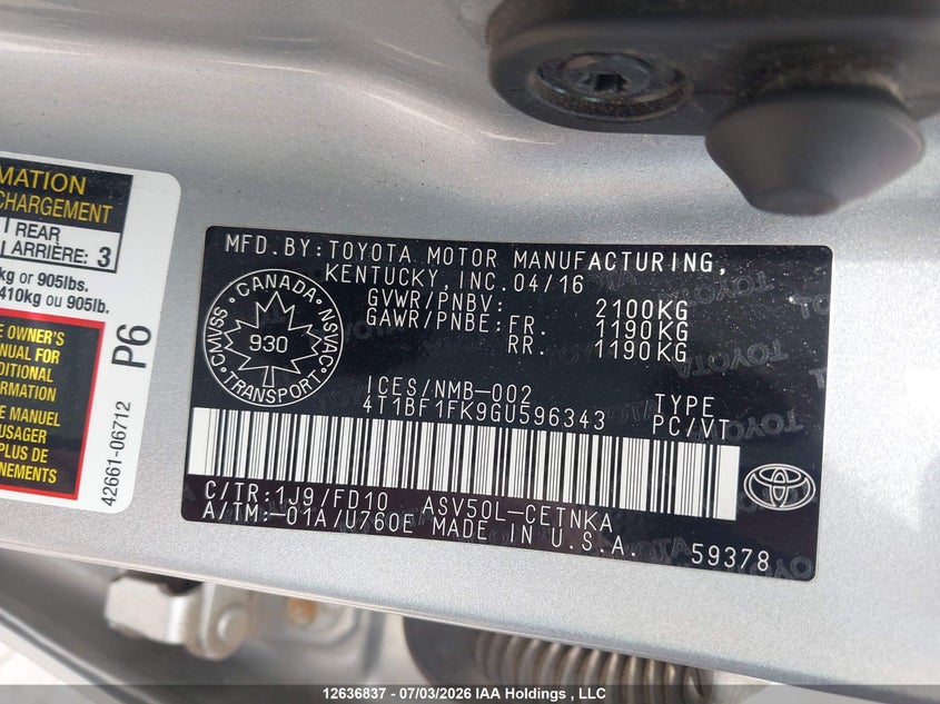 2016 Toyota Camry Le/Xle/Se/Xse VIN: 4T1BF1FK9GU596343 Lot: 12636837