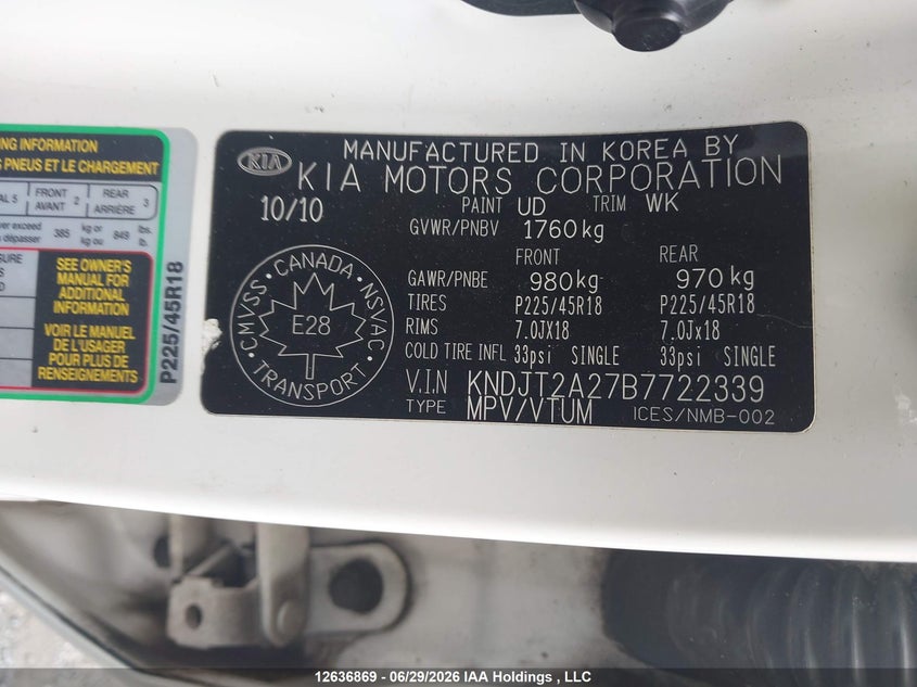 2011 Kia Soul 2.0L 2U/2.0L 4U/2.0L 4U Burner/2.0L 4U Luxury/2.0L 4U Retro/2.0L 4U Sx VIN: KNDJT2A27B7722339 Lot: 12636869