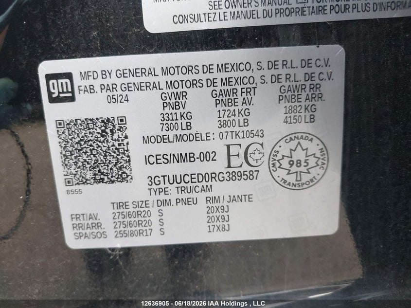 2024 GMC Sierra 1500 VIN: 3GTUUCED0RG389587 Lot: 12636905
