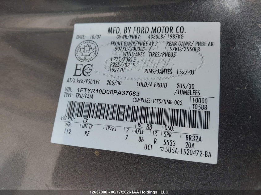 2008 FORD RANGER COUPE 2.3L I-4 DOHC, 143HP