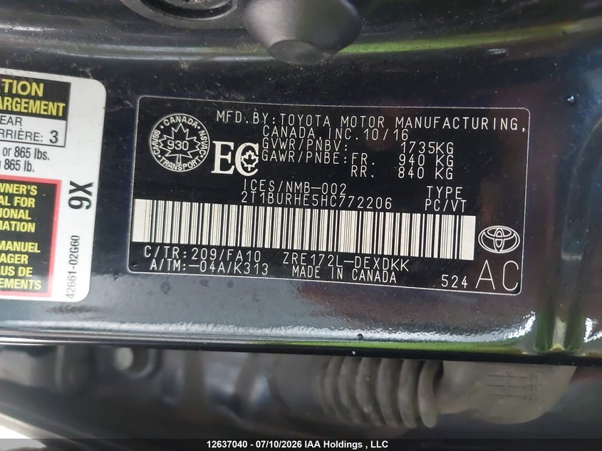 2017 TOYOTA COROLLA SEDAN 1.8L I-4 DOHC, VVT, 132HP