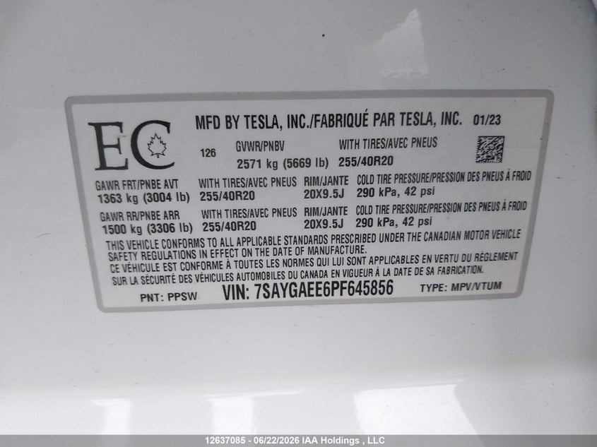 2023 Tesla Model Y VIN: 7SAYGAEE6PF645856 Lot: 12637085