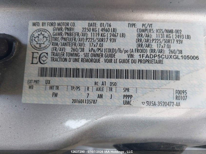 2016 Ford C-Max Energi Sel VIN: 1FADP5CUXGL105006 Lot: 12637290