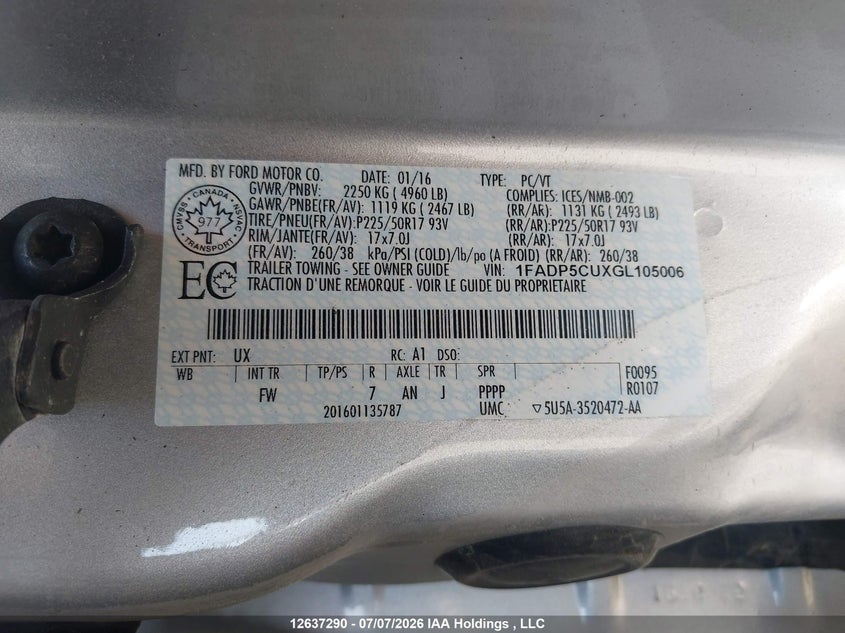2016 Ford C-Max Energi Sel VIN: 1FADP5CUXGL105006 Lot: 12637290