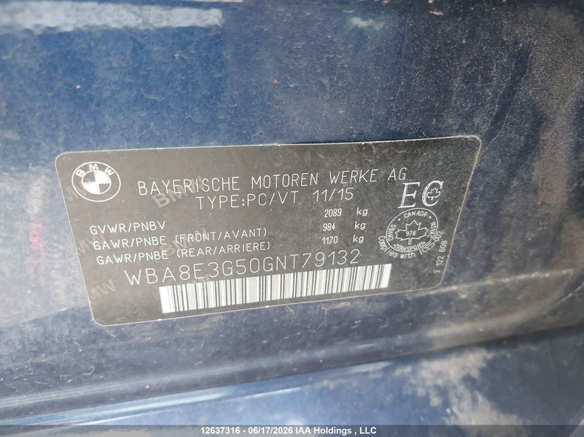2016 BMW 328 Xi Sulev VIN: WBA8E3G50GNT79132 Lot: 12637316