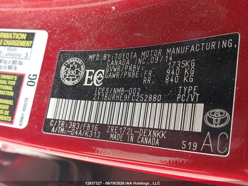 2015 TOYOTA COROLLA SEDAN 1.8L I-4 DOHC, VVT, 132HP