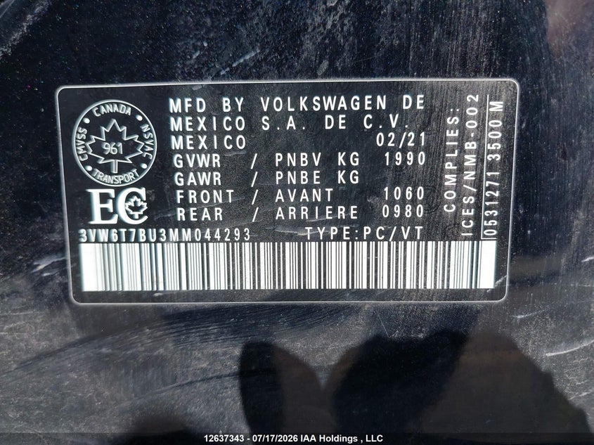 2021 Volkswagen Jetta Gli/S/Autobahn VIN: 3VW6T7BU3MM044293 Lot: 12637343