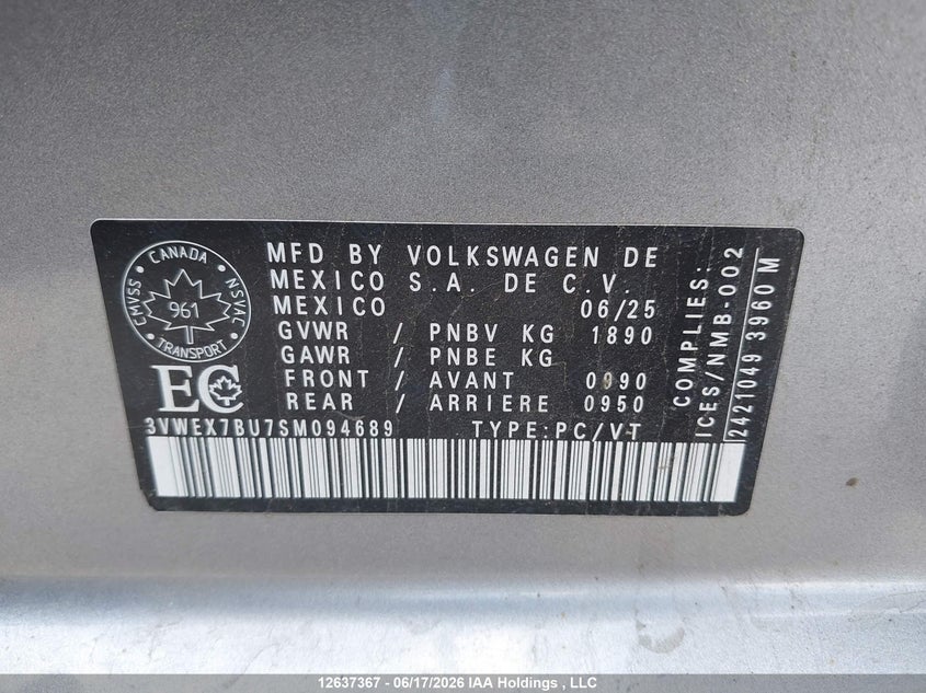 2025 Volkswagen Jetta Se VIN: 3VWEX7BU7SM094689 Lot: 12637367
