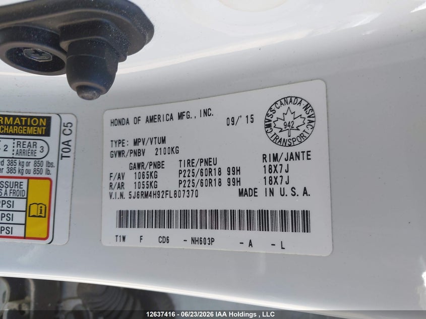 2015 Honda Cr-V Touring VIN: 5J6RM4H92FL807370 Lot: 12637416