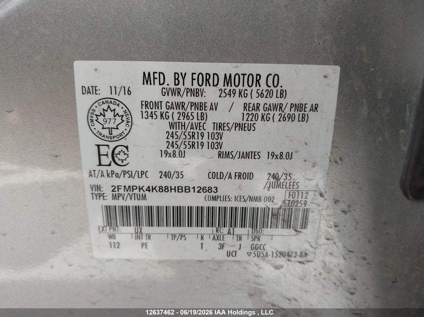 2017 Ford Edge Titanium VIN: 2FMPK4K88HBB12683 Lot: 12637462