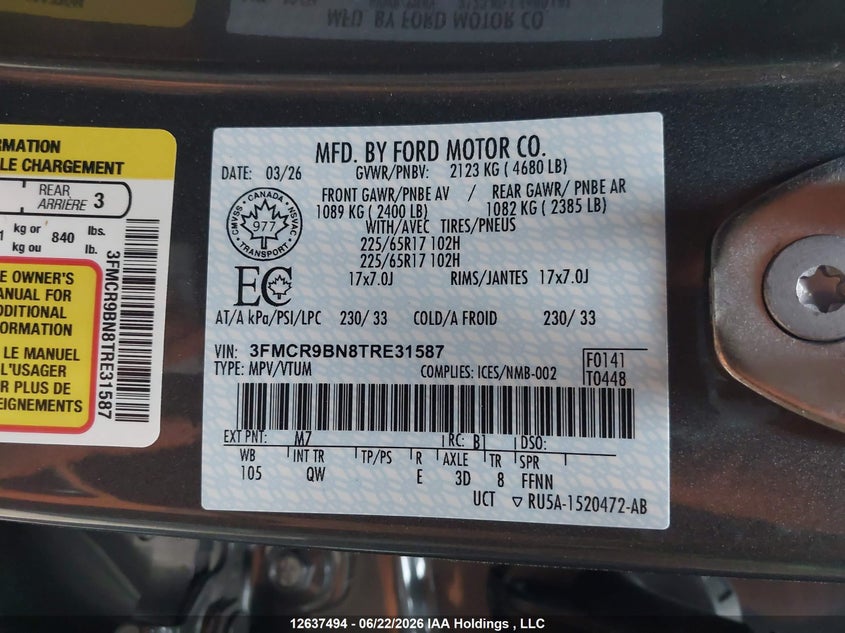 2026 Ford Bronco Sport Big Bend VIN: 3FMCR9BN8TRE31587 Lot: 12637494