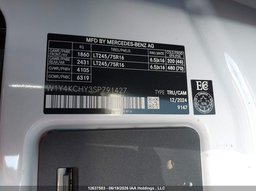 2025 Mercedes-Benz Sprinter 2500 VIN: W1Y4KCHY3SP791427 Lot: 12637583