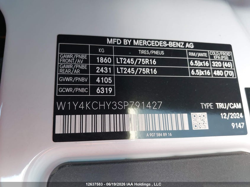 2025 Mercedes-Benz Sprinter 2500 VIN: W1Y4KCHY3SP791427 Lot: 12637583