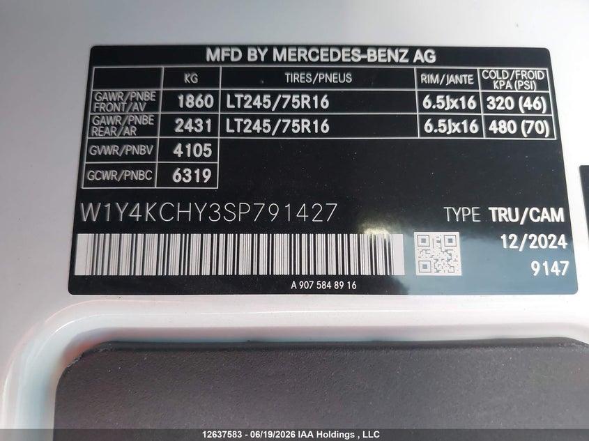 2025 Mercedes-Benz Sprinter 2500 VIN: W1Y4KCHY3SP791427 Lot: 12637583