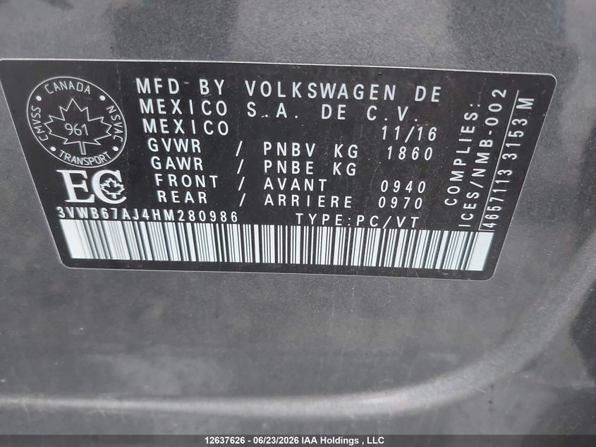2017 Volkswagen Jetta Wolfsburg Edition VIN: 3VWB67AJ4HM280986 Lot: 12637626