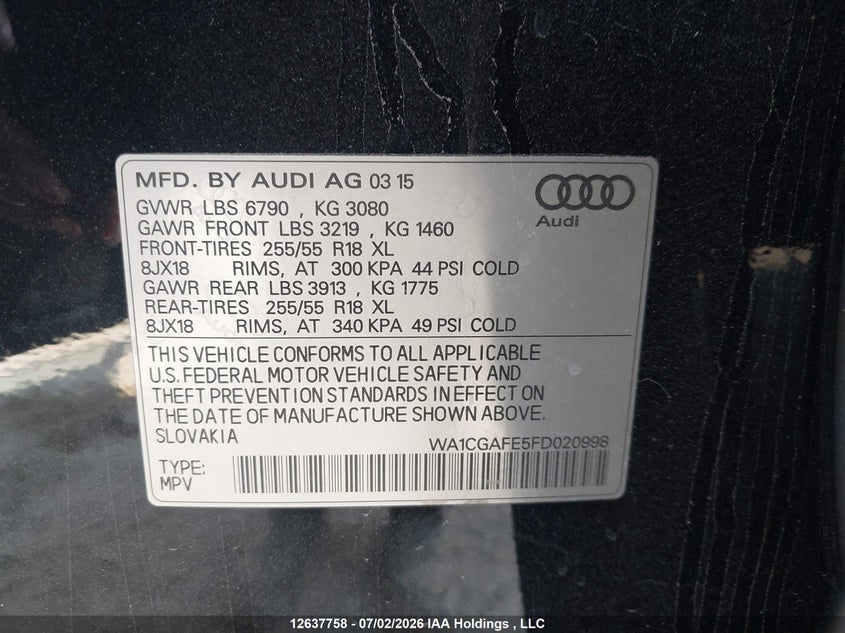 2015 AUDI Q7 SPORT UTILITY VEHICLE 3.0L V-6 DI, DOHC, VVT, SUPERCHARGER, 280HP