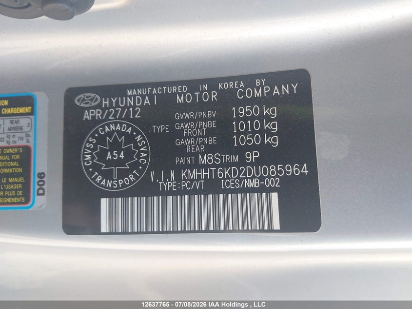 2013 Hyundai Genesis VIN: KMHHT6KD2DU085964 Lot: 12637765