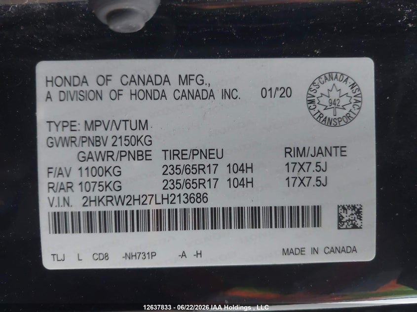 2020 Honda Cr-V VIN: 2HKRW2H27LH213686 Lot: 12637833
