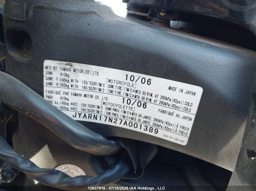2007 Yamaha Fz1 S VIN: JYARN17N27A001389 Lot: 12637916