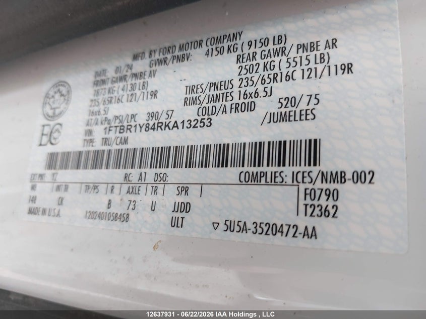 2024 FORD TRANSIT VAN 3.5L V-6 DI, DOHC, VVT, 275HP