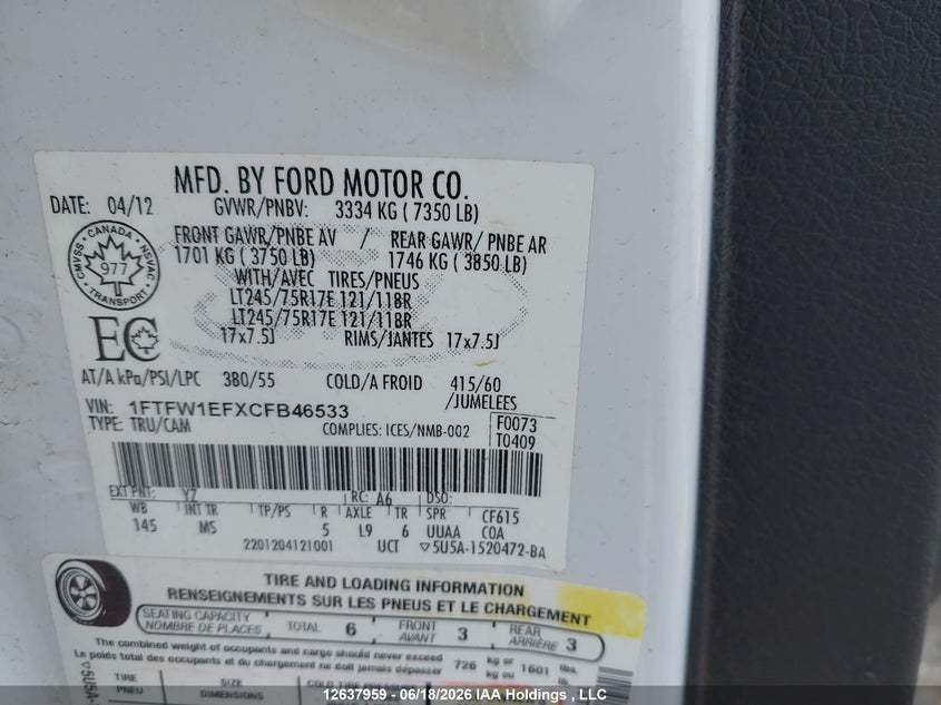 2012 Ford F-150 Fx4/King Ranch/Lariat/Platinum/Xlt VIN: 1FTFW1EFXCFB46533 Lot: 12637959