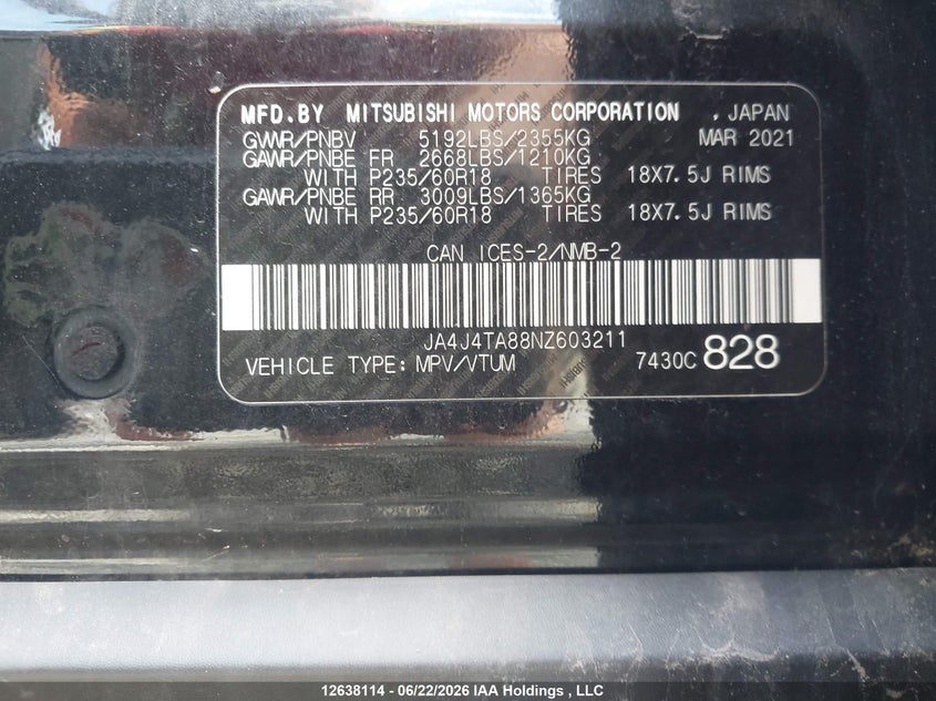 2022 Mitsubishi Outlander Es VIN: JA4J4TA88NZ603211 Lot: 12638114